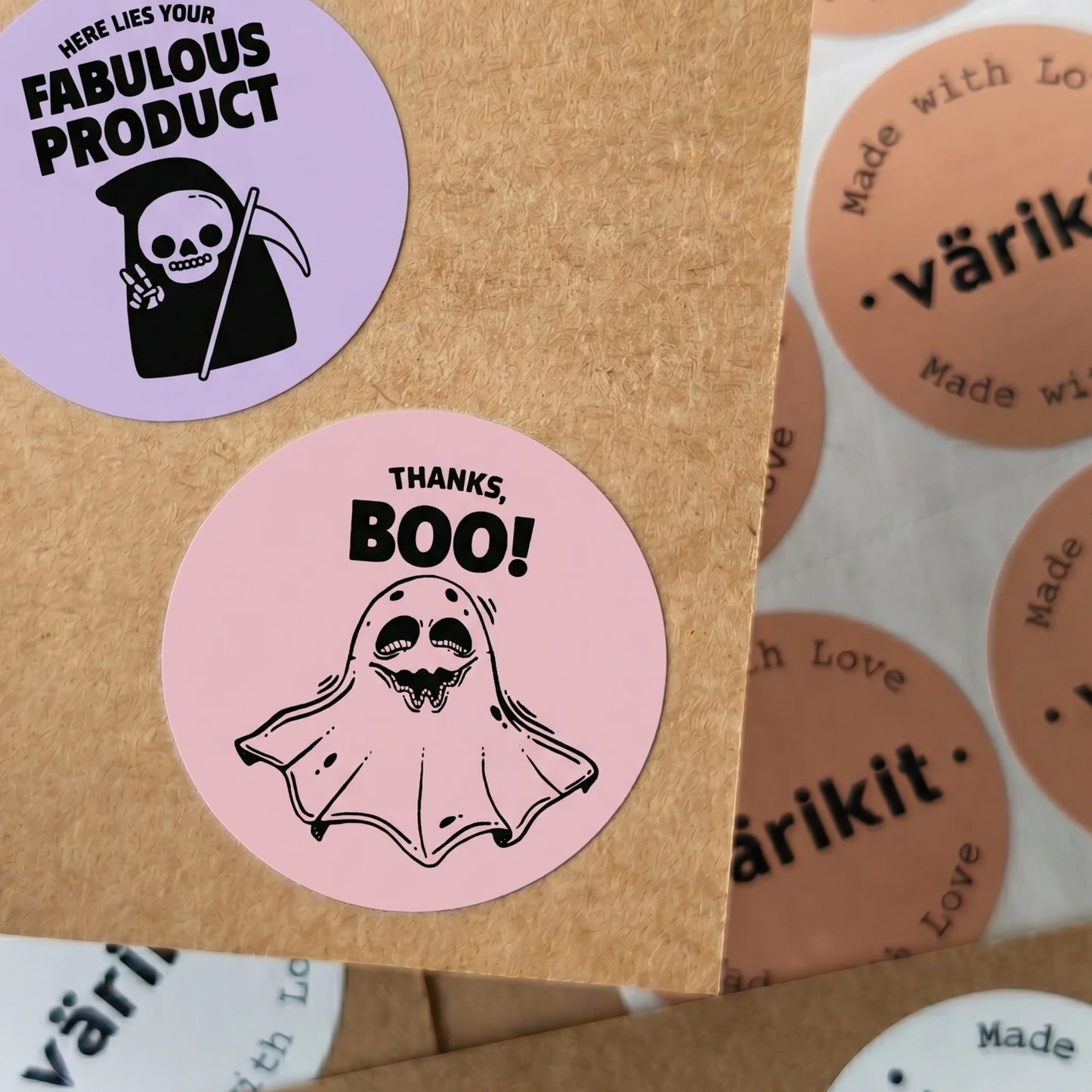 Autocollants de remerciement ludiques pour petite entreprise, Grim Reaper Peace Sign, ronds de 2 pouces, 60 étiquettes | Varikit