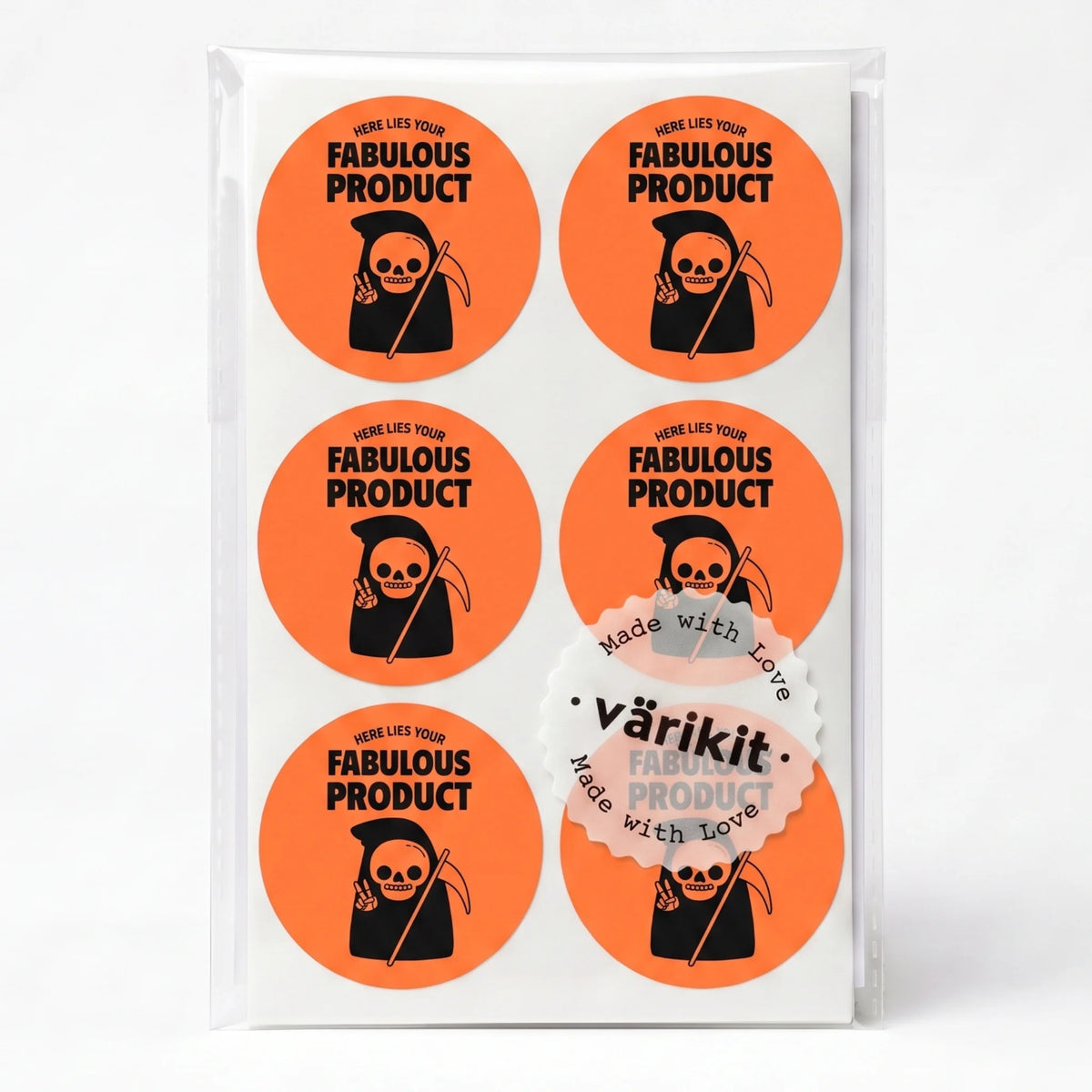 black ink on orange paper, 2-inch round spooky packaging labels, reaper with peace sign.
