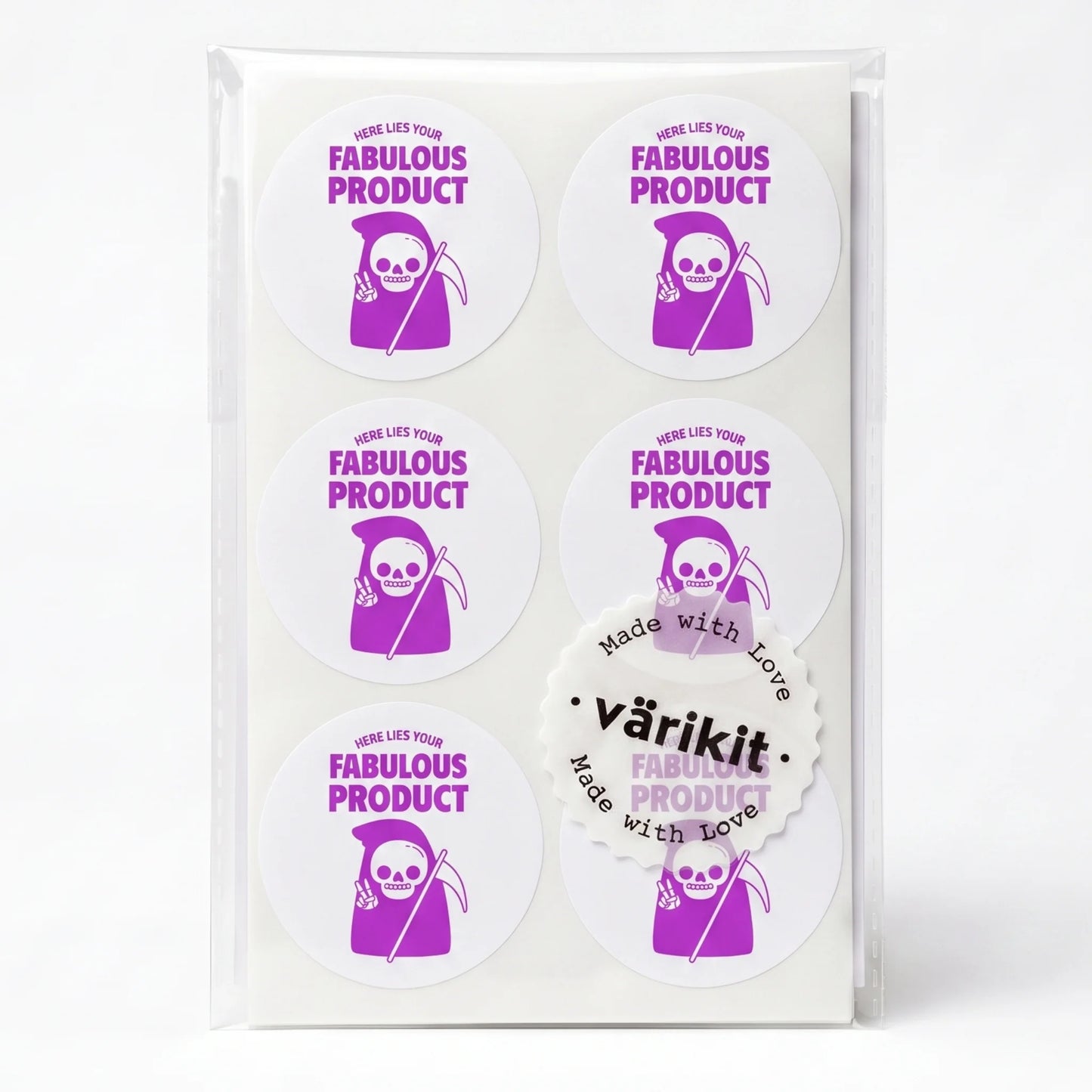 purple ink on white paper, 2-inch round envelope seals, hand-drawn ironic design.