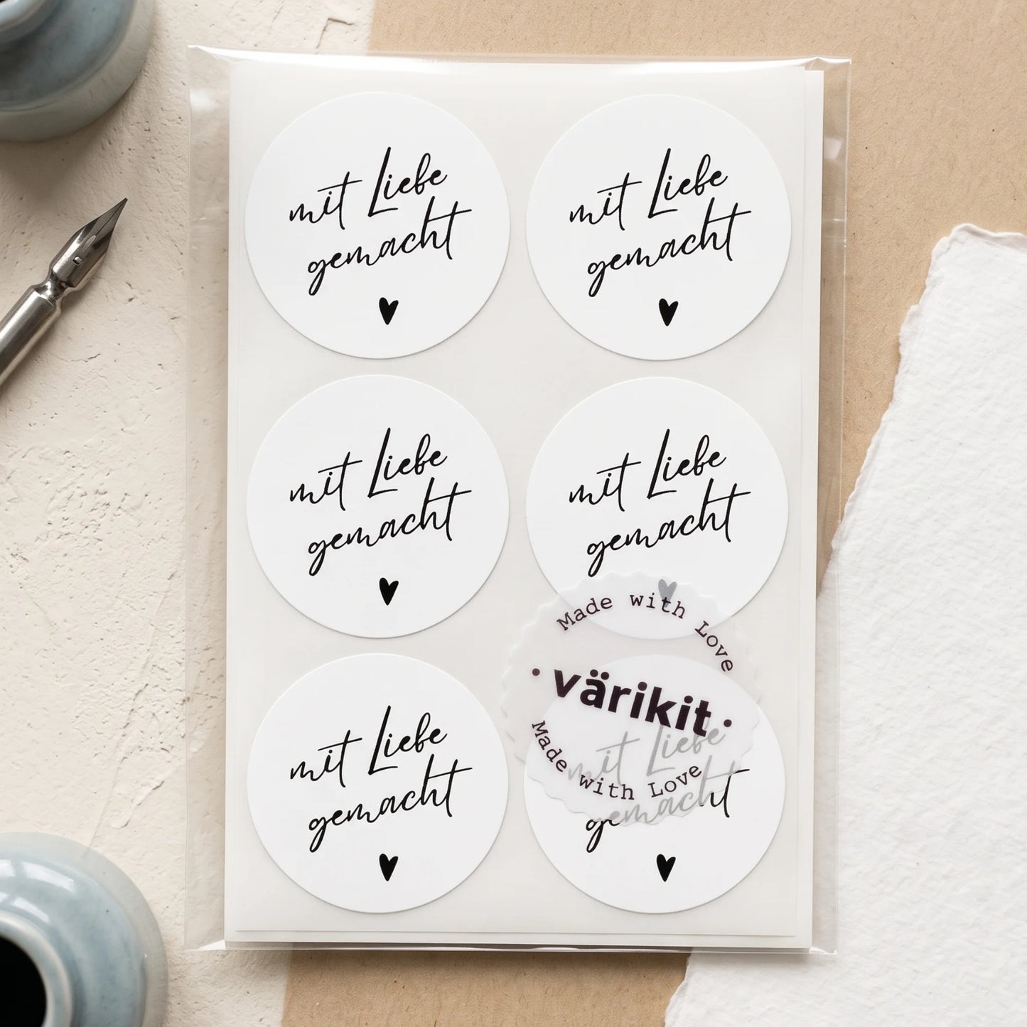 Autocollants « Mit Liebe gemacht » pour petite entreprise, écriture manuscrite, ronds de 5 cm, 60 étiquettes | Varikit