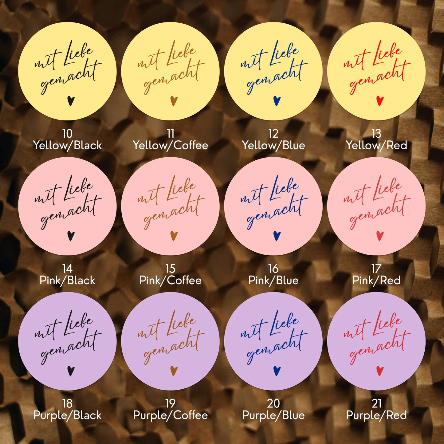 Color swatches with text 'mit Liebe gemacht' in various colors on a textured background