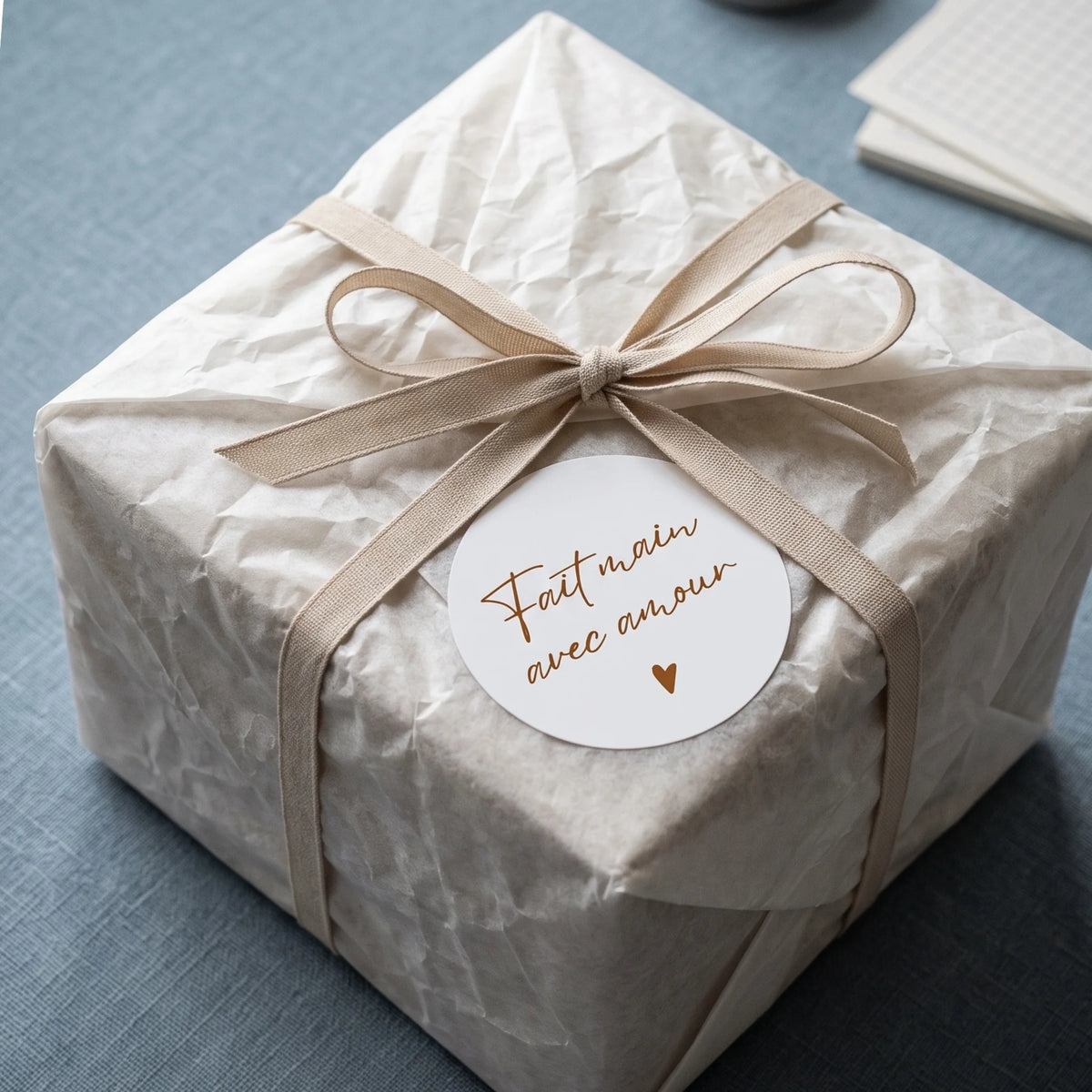 Complete French handmade gift packaging with a cursive script lettering seal.