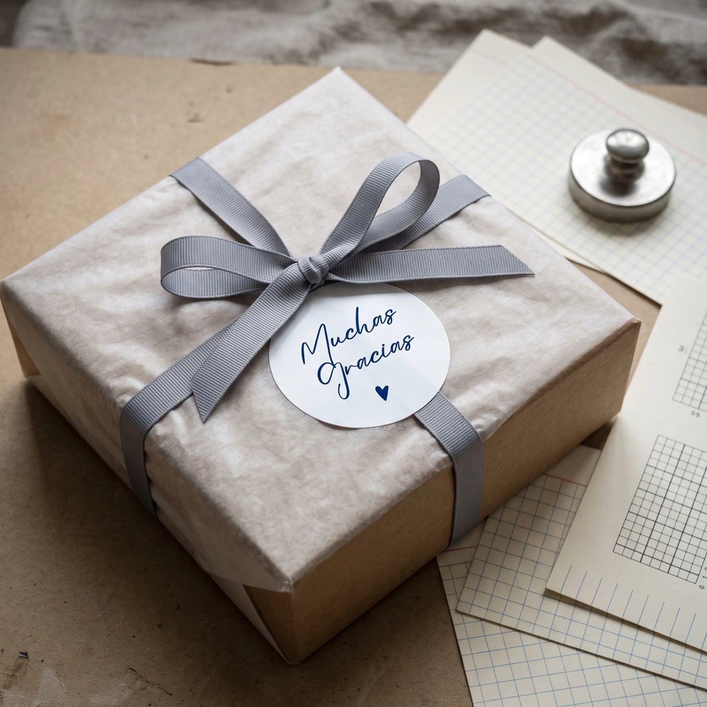 Mark signature boutique parcels with a delicate Spanish cursive script sticker.