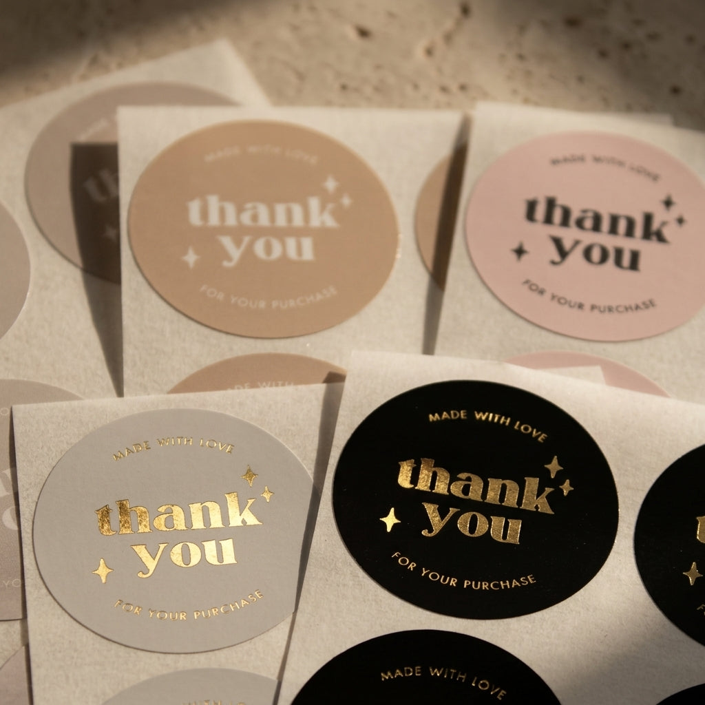 Varikit macro close-up of overlapping 'Thank You for Your Purchase' sticker sheets with reflective gold thermal transfer print on black and white matte stock, with brown and pink sheets in background
