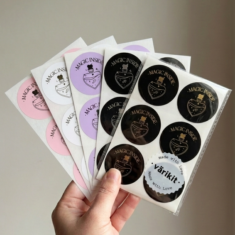 Varikit multi-pack circular sticker sheets in pink, white, lavender, and black, featuring 'Magic Inside' gold potion bottle design, sealed in clear cello sleeve